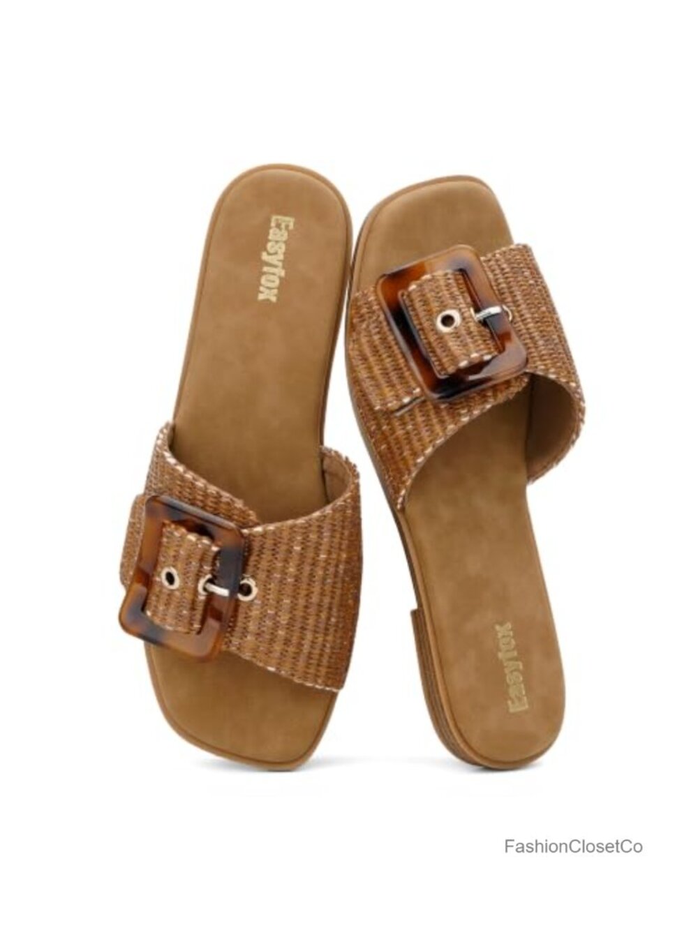 Woven Raffia & Leather Slides Square Toe Buckle Flat Sandals